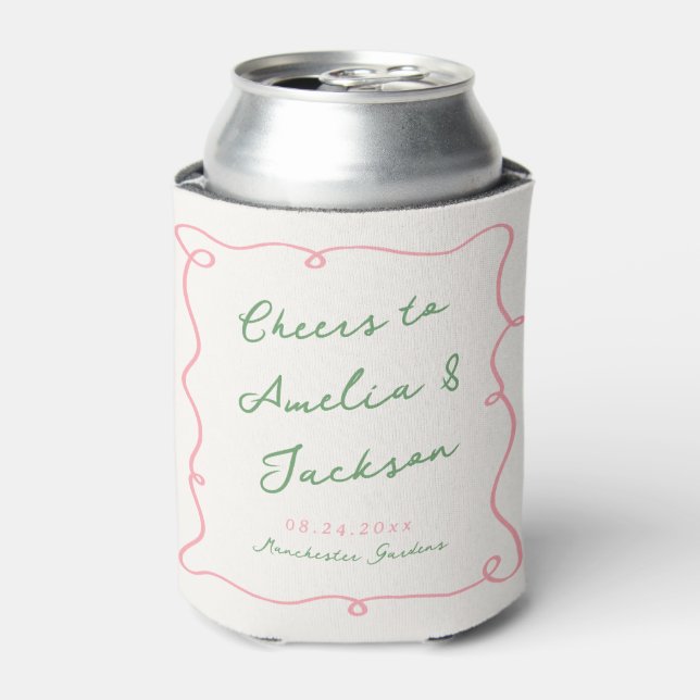 Whimsical Hand Drawn Green & Pink Wedding Can Cooler (Can Front)