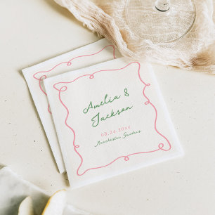 Whimsical Hand Drawn Green & Pink Wedding Napkins