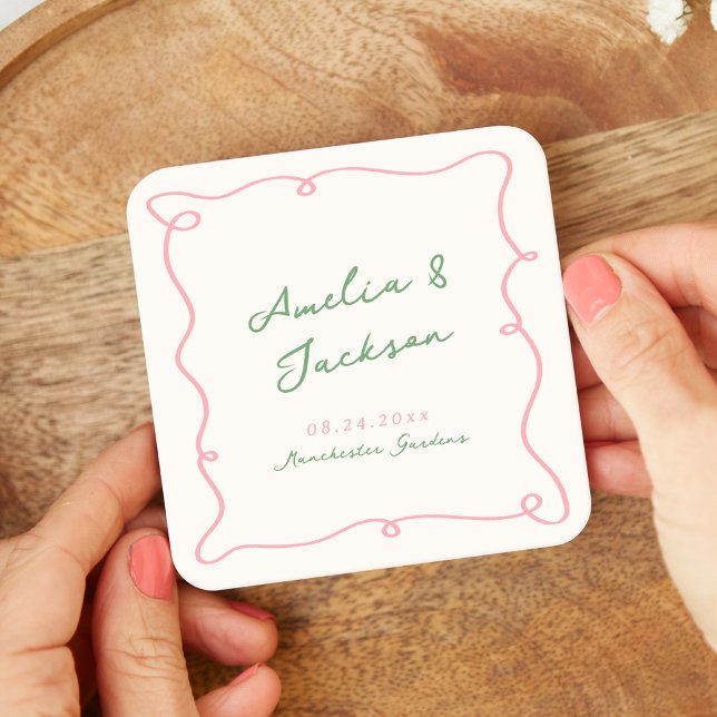 Whimsical Hand Drawn Green & Pink Wedding Napkins Square Paper Coaster (Creator Uploaded)