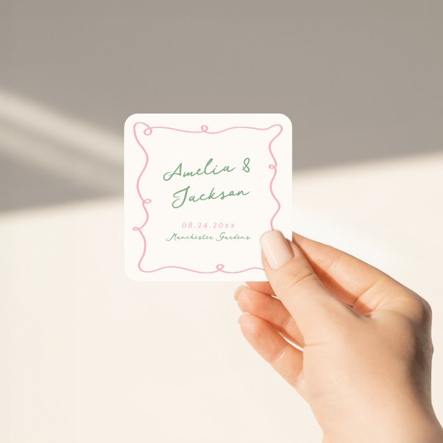 Whimsical Hand Drawn Green & Pink Wedding Square Sticker (Creator Uploaded)