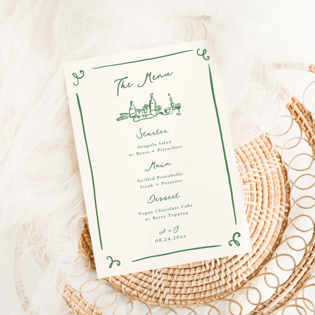 Whimsical Hand Drawn Green Wedding Menu (Creator Uploaded)