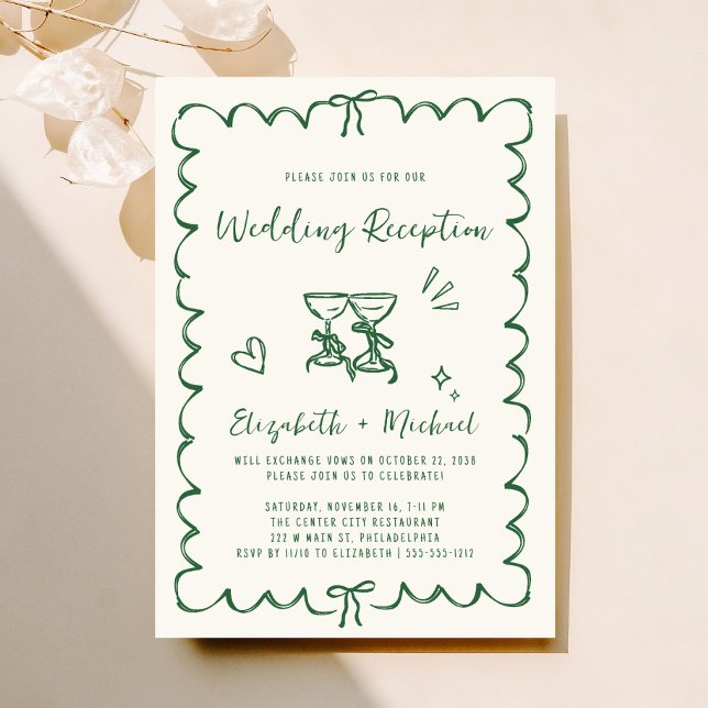 Whimsical Hand Drawn Green Wedding Reception Invitation (Fun reception invitation featuring whimsical hand drawn wine glasses with hearts + coquette bows)