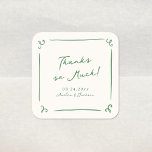 Whimsical Hand Drawn Green Wedding Thank You Square Sticker<br><div class="desc">This adorable design features hand drawn elements and a whimsical bold text.</div>