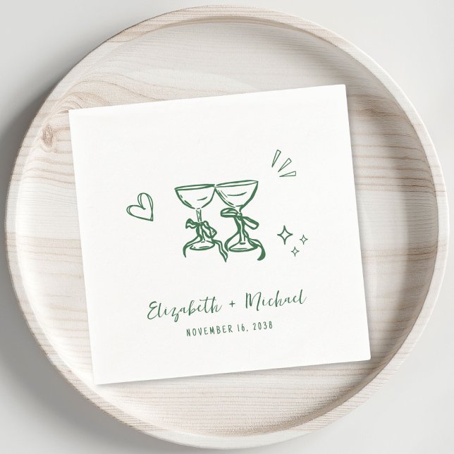 Whimsical Hand Drawn Green Wine Glasses Wedding Napkin (Whimsical Hand Drawn Green Wine Glasses Wedding Napkins)