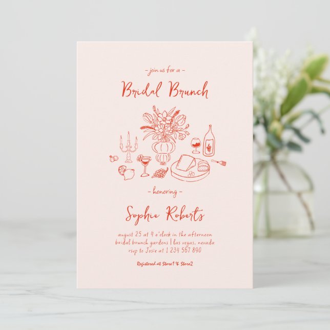 Whimsical Hand Drawn Handwriting Bridal Brunch Invitation (Standing Front)