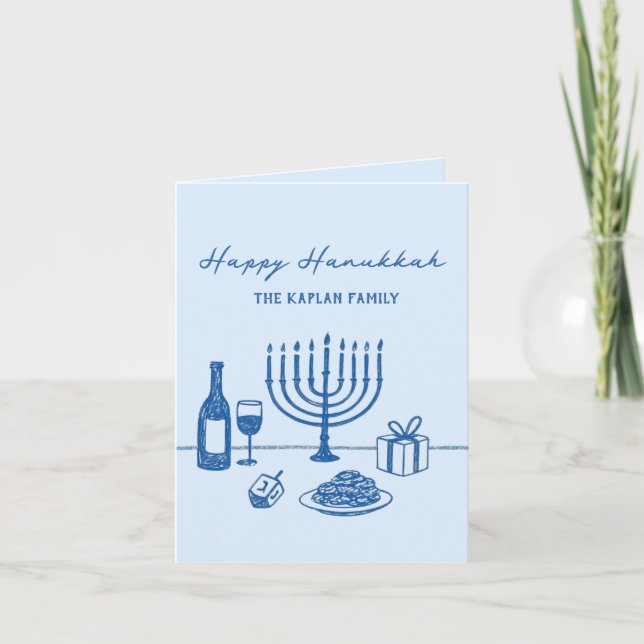 Whimsical Hand Drawn Hanukkah Jewish Trendy Custom Holiday Card (Front)