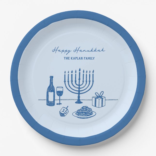 Whimsical Hand Drawn Hanukkah Party Trendy Custom Paper Plate (Front)