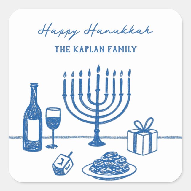 Whimsical Hand Drawn Hanukkah Party Trendy Custom Square Sticker (Front)