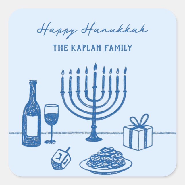 Whimsical Hand Drawn Hanukkah Party Trendy Custom Square Sticker (Front)