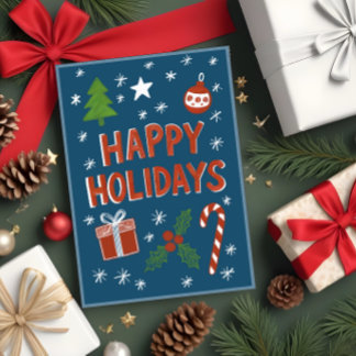 Whimsical Hand-Drawn Holiday Card on Blue