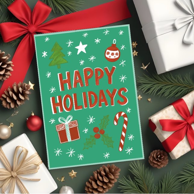 Whimsical Hand-Drawn Holiday Card on Green (Creator Uploaded)