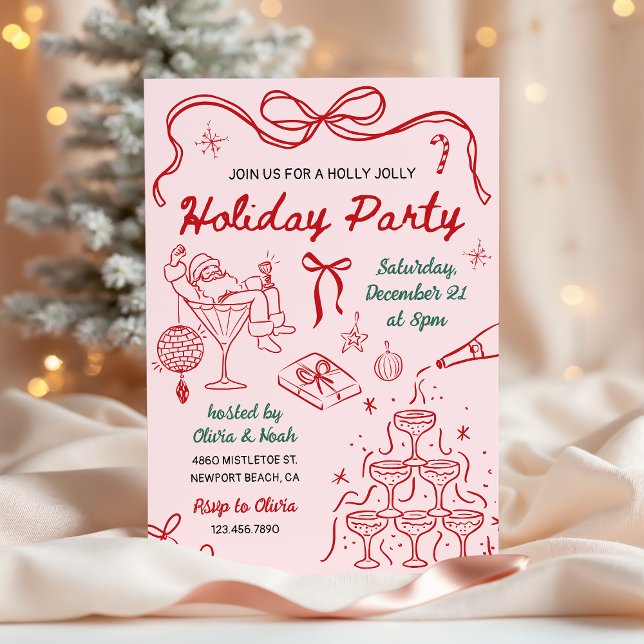 Whimsical Hand Drawn Holly Jolly Holiday Party Invitation (Creator Uploaded)