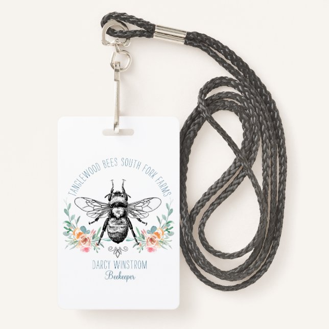 Whimsical Hand Drawn Honey Bee Apiary Floral ID Badge (Front with Lanyard)