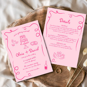 Whimsical Hand Drawn Hot Pink Details Wedding Invitation