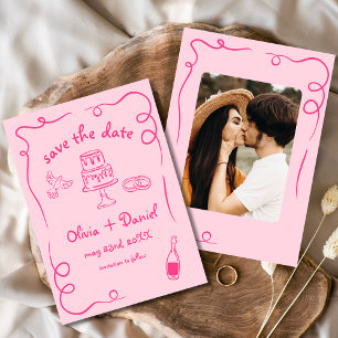 Whimsical Hand Drawn Hot Pink Wedding Photo Save The Date
