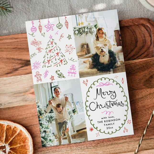 Whimsical Hand Drawn Icons Merry Christmas 2 Photo Holiday Card (Creator Uploaded)