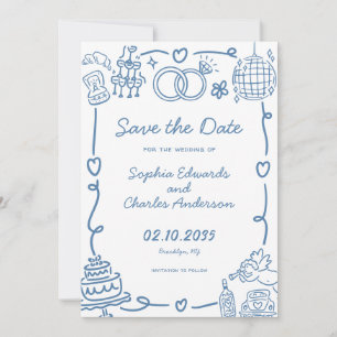 Whimsical Hand Drawn Illustration Photo Wedding Save The Date