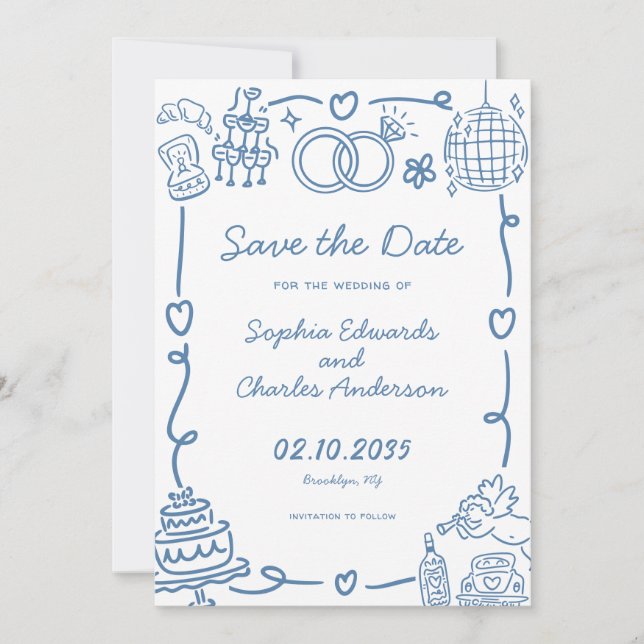  Whimsical Hand Drawn Illustration Photo Wedding Save The Date (Front)