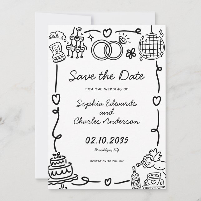  Whimsical Hand Drawn Illustration Photo Wedding Save The Date (Front)