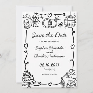 Whimsical Hand Drawn Illustration Photo Wedding Save The Date