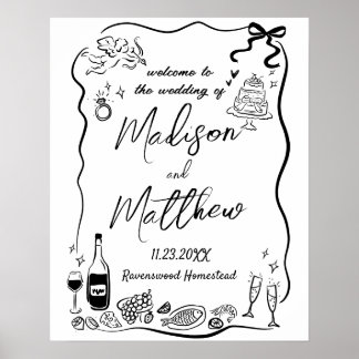 Whimsical Hand Drawn Illustrations Doodle Wedding Poster