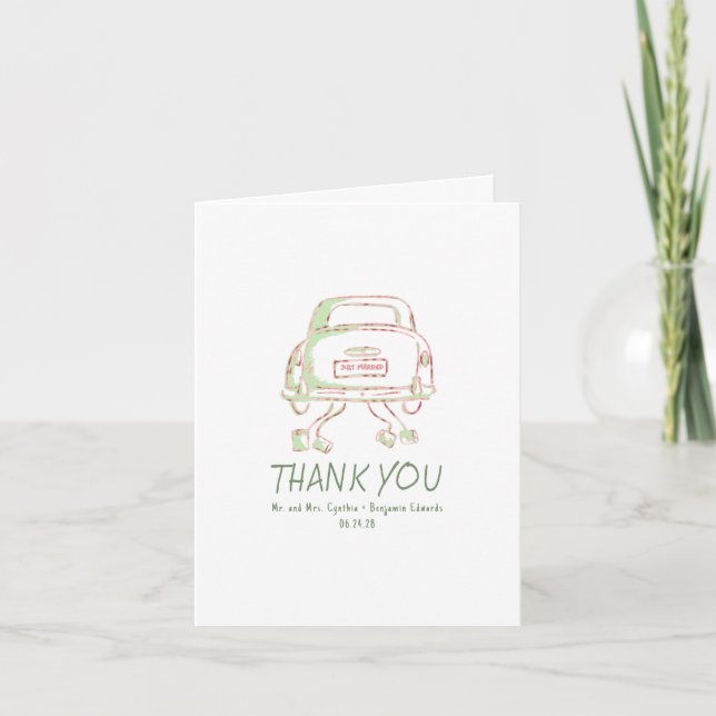 Whimsical Hand Drawn Just Married Car Wedding Thank You Card (Front)