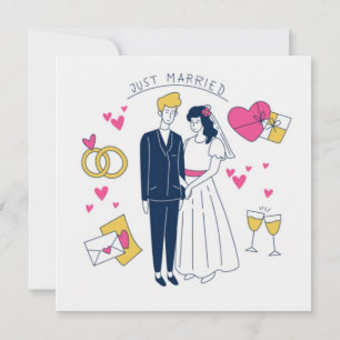 Whimsical Hand-Drawn "Just Married" Couple Doodle Invitation
