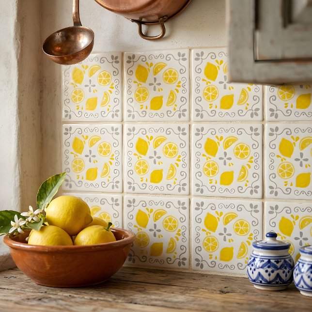 Whimsical Hand Drawn Lemons Yellow Grey Pattern Tile (Creator Uploaded)