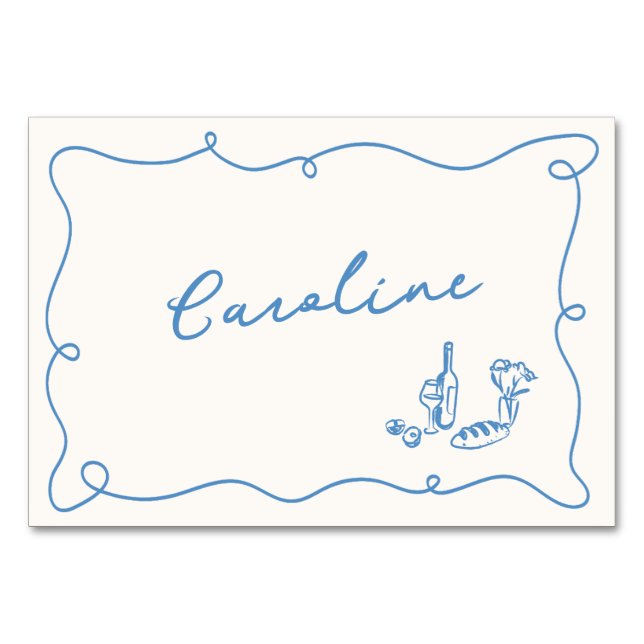 Whimsical Hand Drawn Light Blue Place Card (Front)