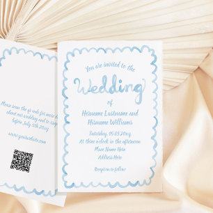 Whimsical Hand Drawn Light Blue QR RSVP Wedding Invitation