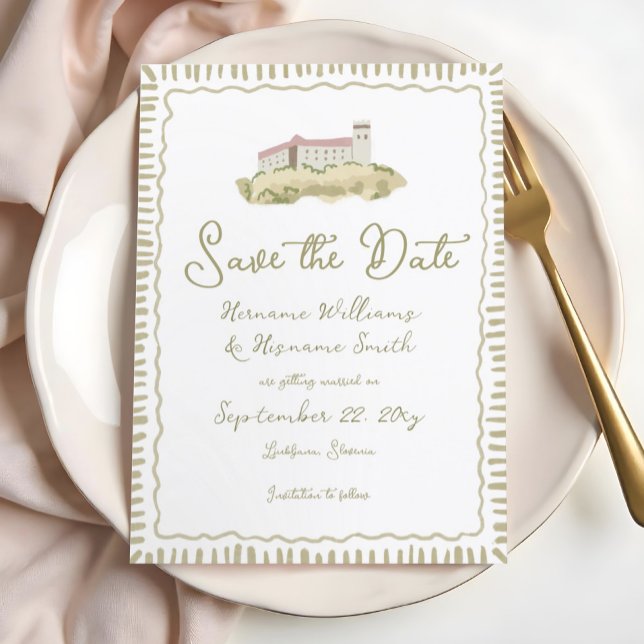 Whimsical Hand Drawn Ljubljana Castle Europe Save The Date (Creator Uploaded)