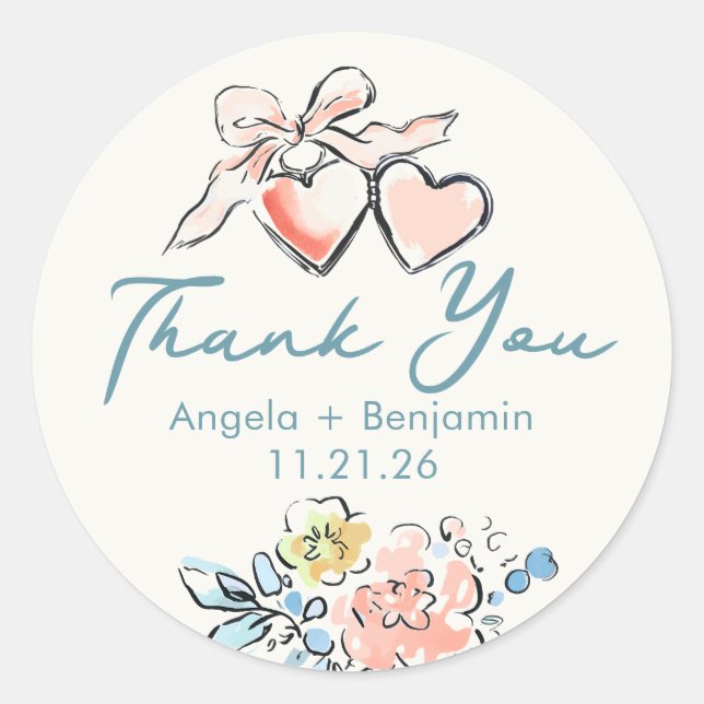 Whimsical Hand Drawn Locket Wedding Thank You Classic Round Sticker (Front)