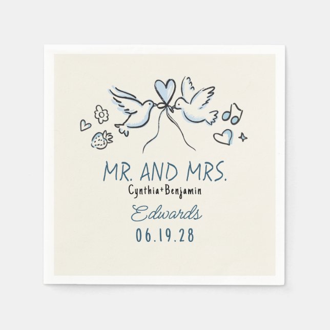 Whimsical Hand Drawn Love Birds Wedding Napkins (Front)