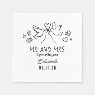 Whimsical Hand Drawn Love Birds Wedding Napkins