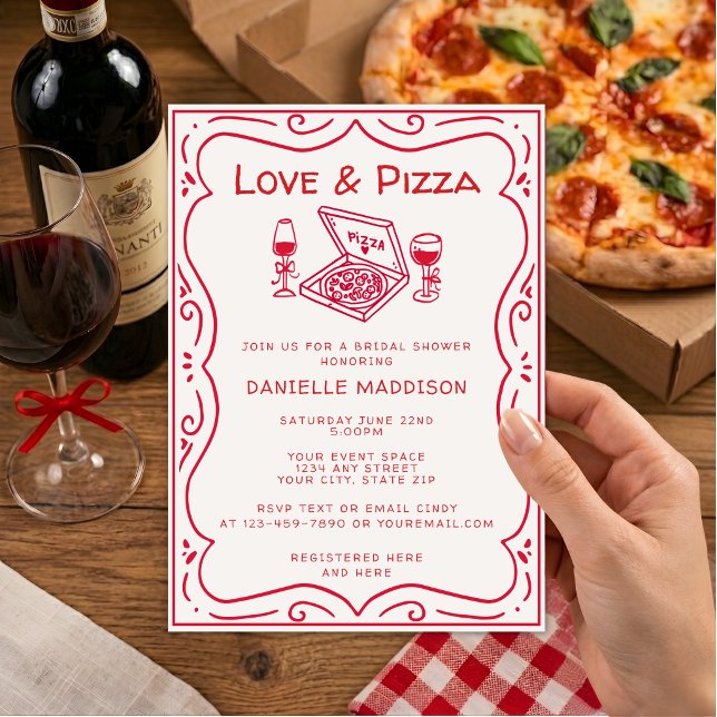 Whimsical Hand Drawn Love & Pizza Bridal Shower Invitation (Creator Uploaded)