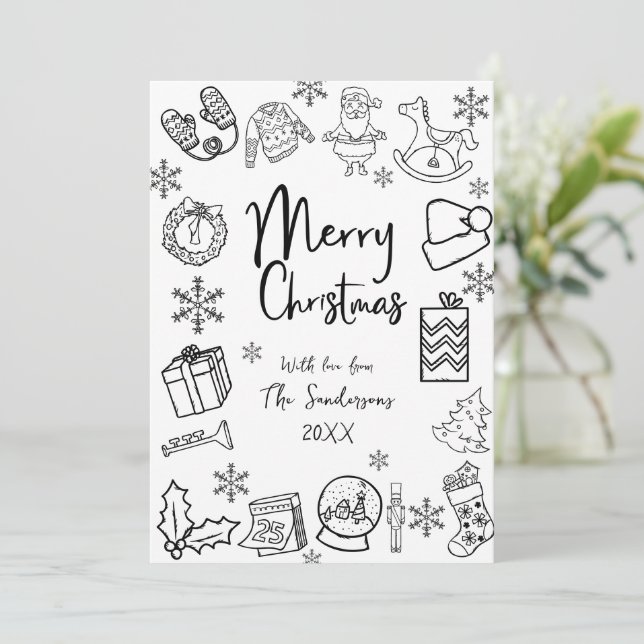 Whimsical Hand Drawn Merry Christmas Holiday Card (Standing Front)