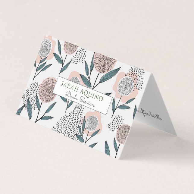 Whimsical Hand Drawn Muted Flowers Doula Midwife Business Card (Front)