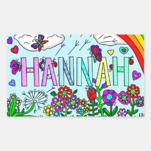 Whimsical Hand Drawn Name Hannah Flowers, Rainbow Rectangular Sticker