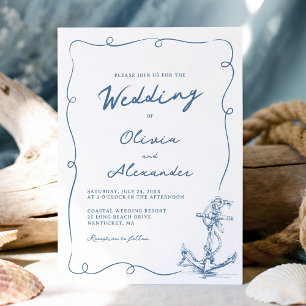 Whimsical Hand Drawn Nautical Anchor Wedding  Invitation