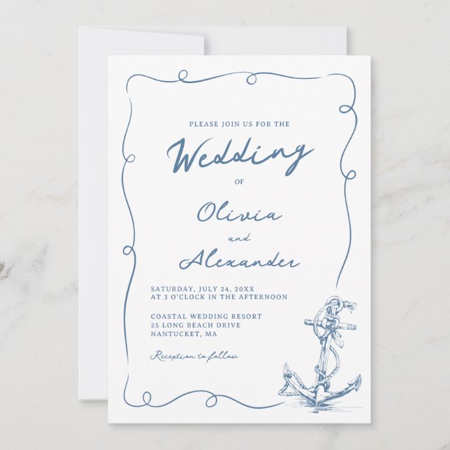 Whimsical Hand Drawn Nautical Anchor Wedding  Invitation (Front)