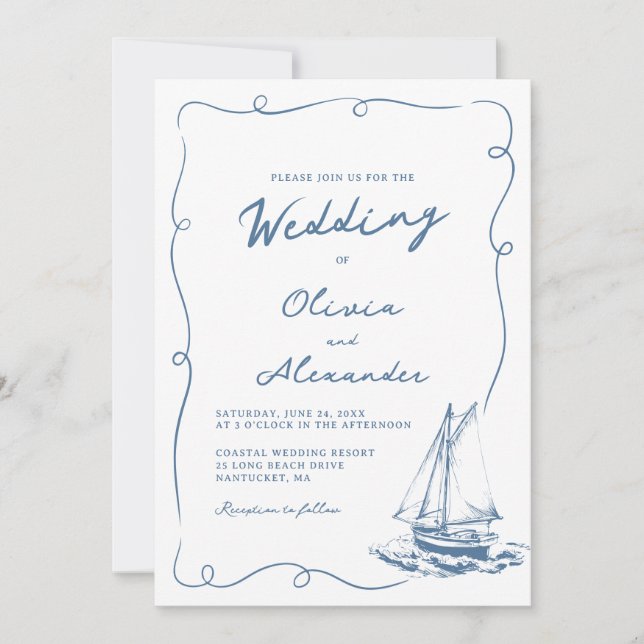 Whimsical Hand Drawn Nautical Sailboat Wedding Invitation (Front)