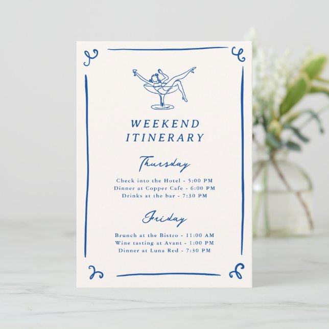 Whimsical Hand Drawn Navy Blue Bach Itinerary Invitation (Standing Front)