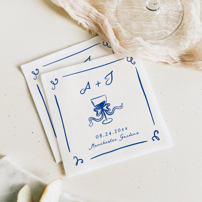 Whimsical Hand Drawn Navy Blue Bow Wedding Napkin (Creator Uploaded)