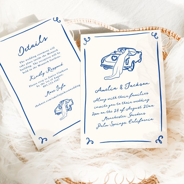 Whimsical Hand Drawn Navy Blue + Details Wedding Invitation (Creator Uploaded)