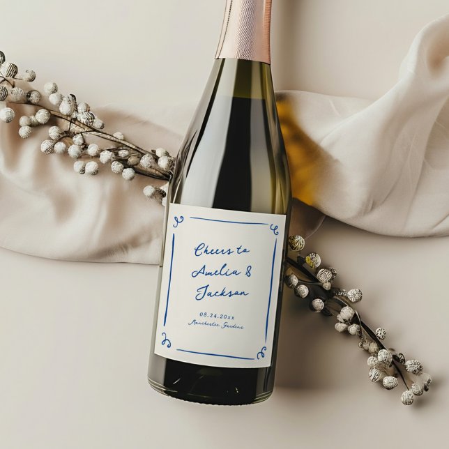 Whimsical Hand Drawn Navy Blue Wedding Wine Label (Creator Uploaded)