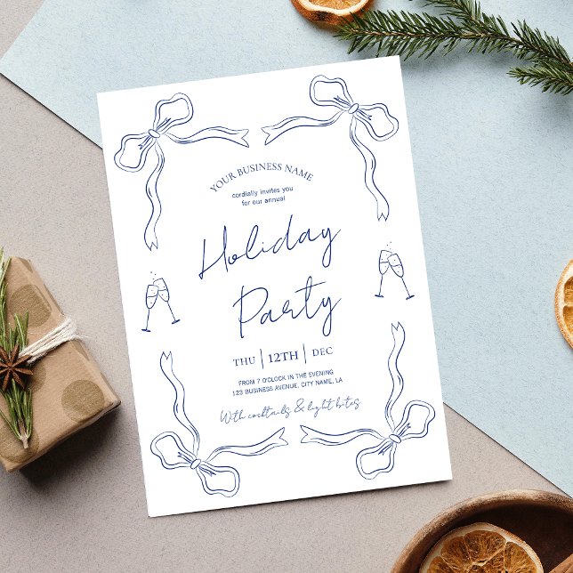 Whimsical Hand Drawn Navy Business Holiday Party I Invitation (Elegant blue and white winter business invitation for the holiday season)