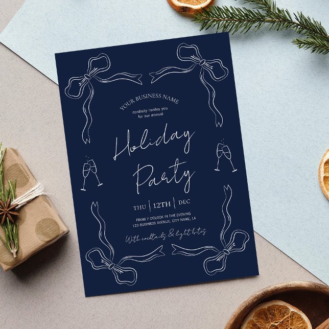 Whimsical Hand Drawn Navy Business Holiday Party Invitation (Navy blue and white hand drawn business holiday invitation design, perfect for any festive event)