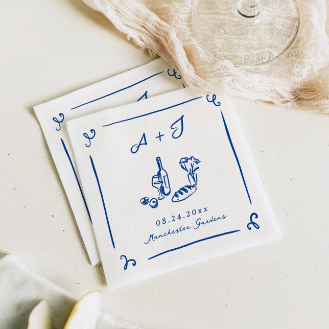 Whimsical Hand Drawn Navy Food & Wine Wedding Napkin (Creator Uploaded)