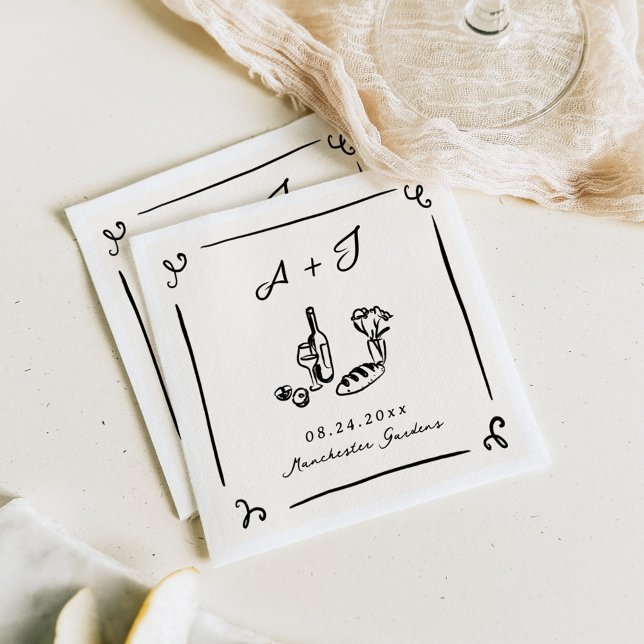 Whimsical Hand Drawn Navy Food & Wine Wedding Napkin (Creator Uploaded)