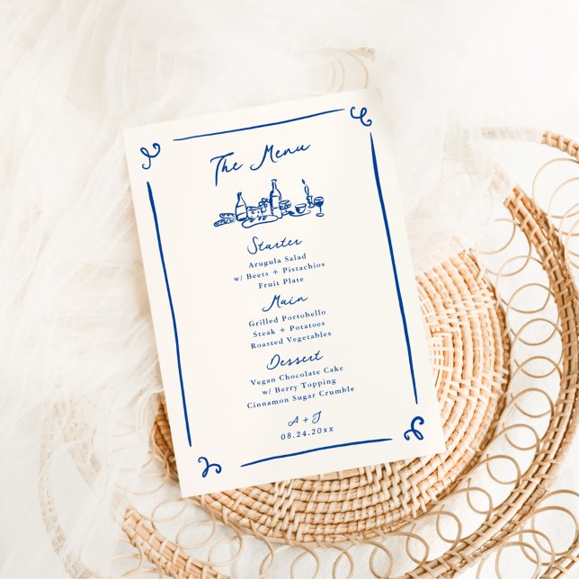 Whimsical Hand Drawn Navy Wedding Menu (Creator Uploaded)